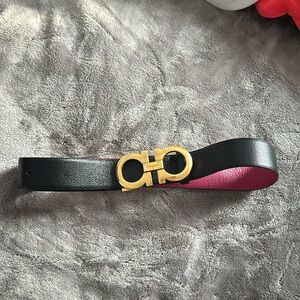 Salvatore Ferragamo Black and Pink Belt with Gold Buckle